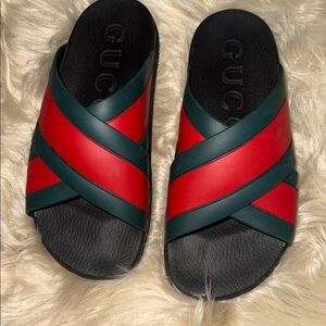 AUTHENTIC Gucci Black, Red, and Green Cross-Strap Slides